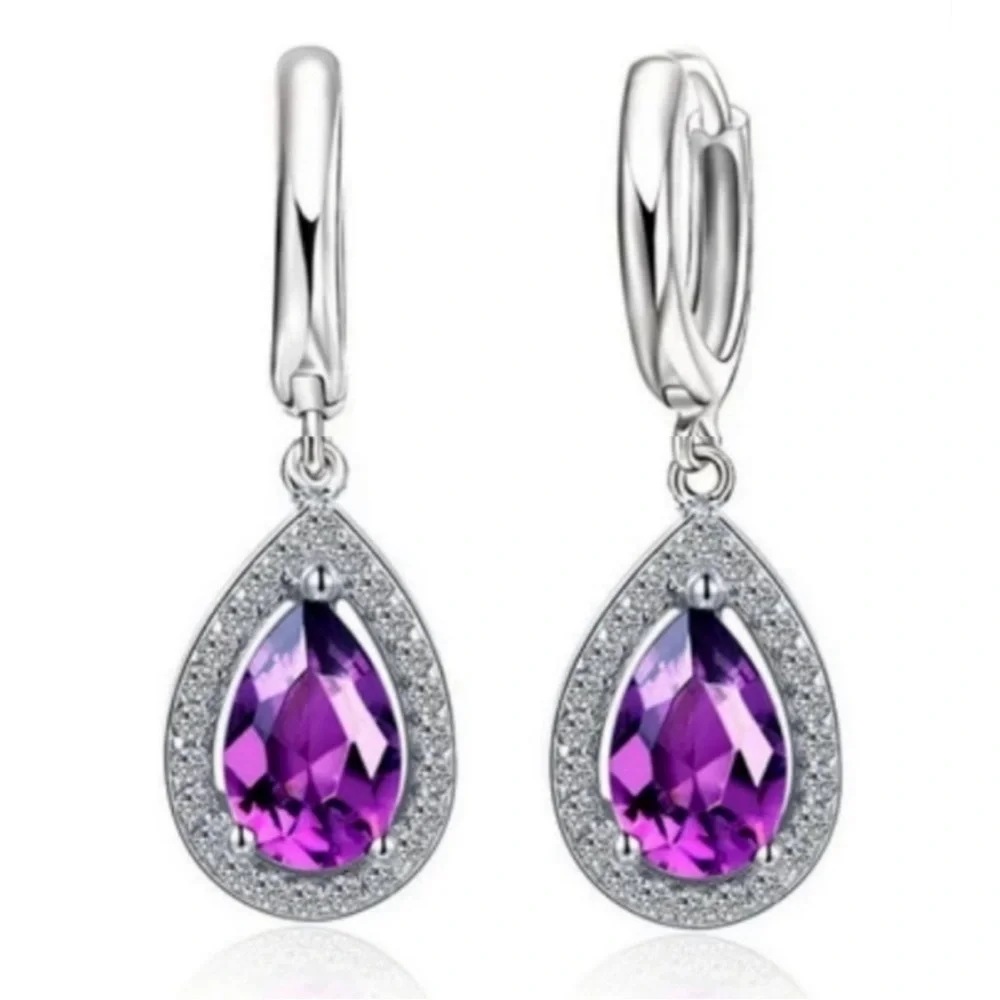 Swarovski Elements 925 Sterling Silver Amethyst Purple Teardrop Ring NEW